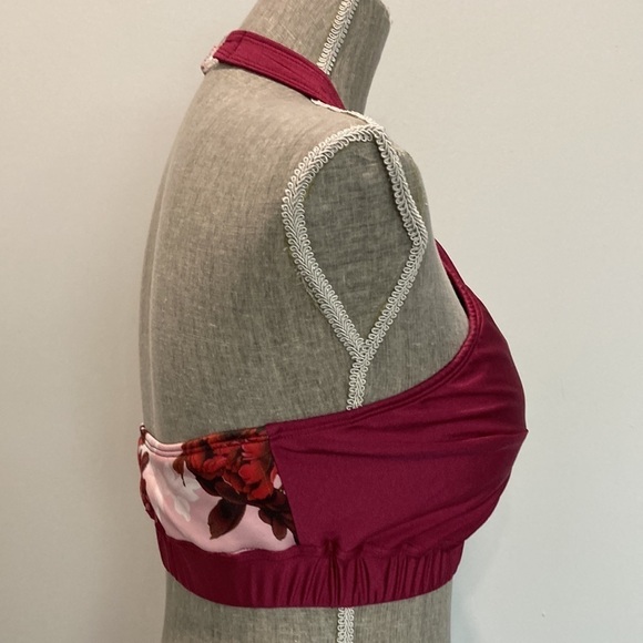 Halter Floral Burgundy Swim Bikini Top Large - Picture 5 of 12